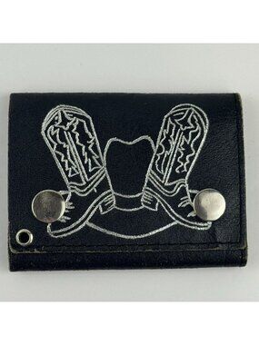 Black Leather Tri-Fold Wallet Western Cowboy Hat Boots Snap Closure Made In USA
